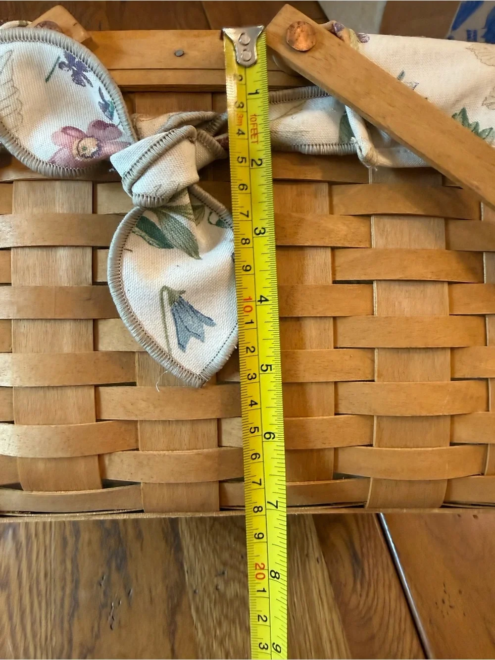 Longaberger Tan Woven Basket with Floral Liner and Double Handles